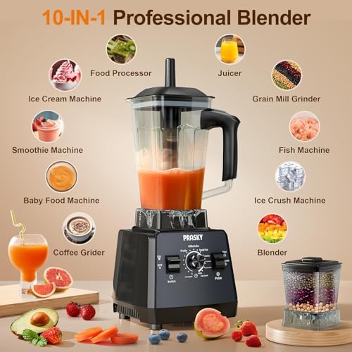 Image of Professional Blender,Smoothies Blenders, PRASKY Max.2400Watts /1000Watts Blender and Grinder Combo 25000RPM Powerful Kitchen 68oz BPA Free 2 Containers Countertop Blenders Ice Crushing, Juice