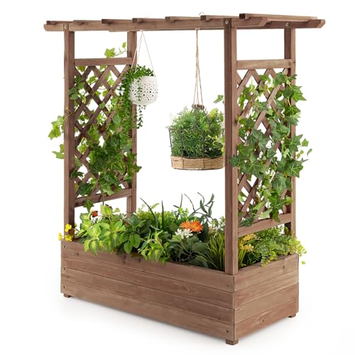 HOMASIS Jardinera con 2 espalderas y repisa en el Techo, arriate Elevado con espaldera, Jardinera de Madera, Jardinera para Flores y Plantas trepadoras, para jardín, balcón (Marrón, 100x44x113,5cm)