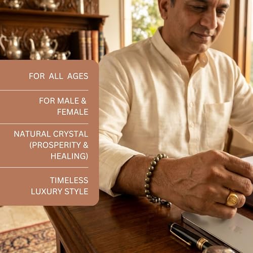 Image of 5 Senses Co. Natural Pyrite Bracelet | Original Certified Healing Crystal for Wealth & Good Luck | For Men & Women | Adjustable Waxed Thread | Premium Gift Packaging with Card