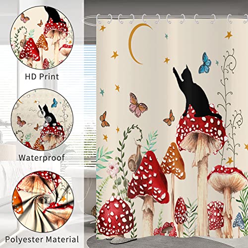 Hnmdmyi Mushroom Shower Curtain 180x180, Retro Boho Floral Butterfly Moon Stars Black Cat Wildflowers Green Plant Beige Aesthetic Bathroom Curtains Waterproof Polyester Fabric Washable Bath Curtains - Image 4