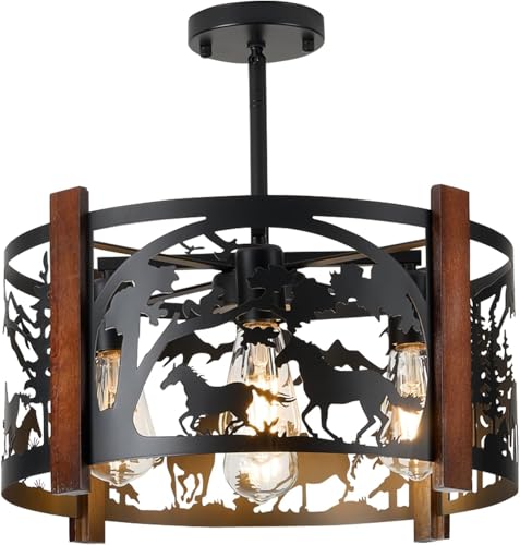 Monyohame Farmhouse Rustic Horse Ceiling Light Fixtures, 4-Light Round E26
