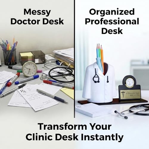 Image of Medical Theme Desk Organizer with clock - personalized gift to a doctor Pen Stand | Unique Apron /Coat Shape Pencil Holder | A gift to doctors female, male & Medical Aspirants