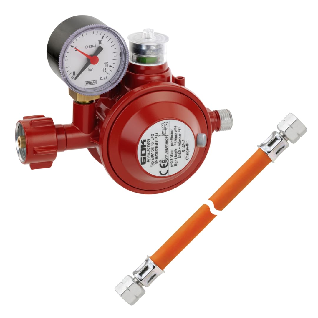 GOK Set di riduttore di pressione, regolatore del gas 50 mbar con manometro e indicatore ottico, tubo del gas da 1 m G 1/4", filettatura sinistra, EN 16129/DIN 4811, approvato per interni, resistente