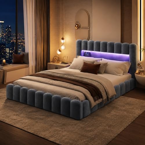 BRILVERDE Lit Coffre 180x200 Gris Velours, Lit Double avec Rangement, Tête de Lit LED et USB, Sommier à Lattes Hydraulique, pour Adultes et aux Adolescents