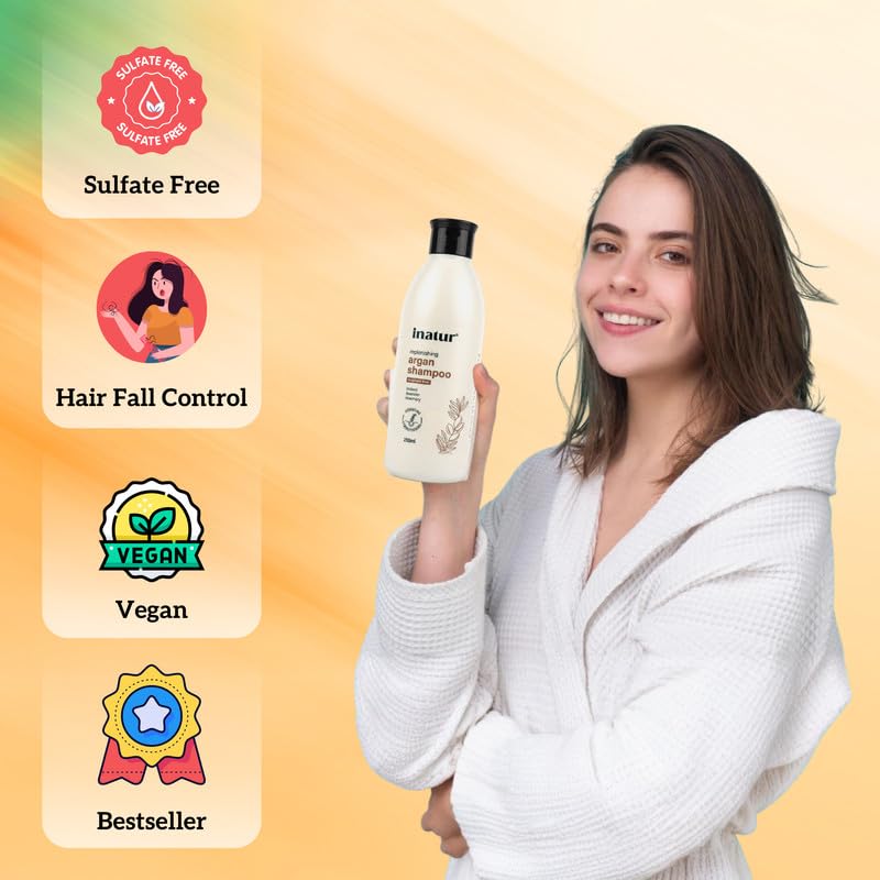 Image of inatur Argan Shampoo For Dry & Frizzy Hair | Promotes Growth & Control Hair Fall | Sulfate-Free Nourishing Hair Cleanser | With Brahmi, Lavender & Rosemary | Color-Safe for Men & Women | 250ml