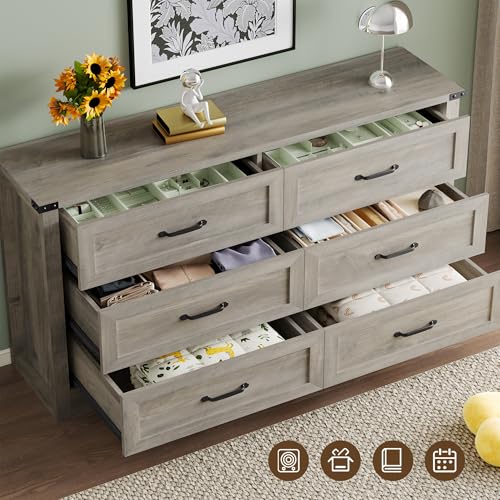 Image of BORNOON 6-Drawer Dresser for Bedroom, Modern Wooden Chest of Drawers with Metal Handles, Anti-Tipping Design, Sturdy and Stable Storage Organizer for Living Room, Entryway, Home Office