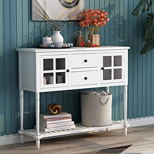 42" Wide Console Table Sideboard Buffet Server With 2 Doors And Bottom Shelf, Sideboard Storage Cabinet For Living Room (White) #TOP3