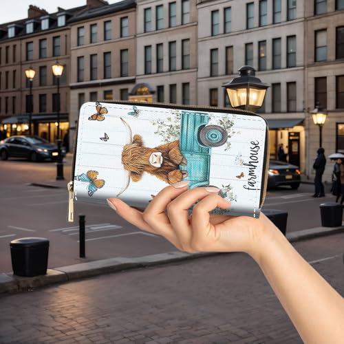 Wallet,Large Capacity RFID Blocking Leather Wallet, Durable Smooth Zipper Clutch,Unisex Travel Wallet for Cards,Cash,and Coins - Highland Cow Truck3