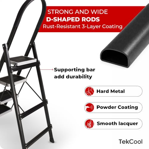 Image of TEKCOOL Foldable Ladder for Home 4 Steps with Built-in Tool Tray | Heavy Duty D Shape rods | 20 x 30 cm Large Platform | Wide Rubber feet | Secure Lock | 150kg Capacity