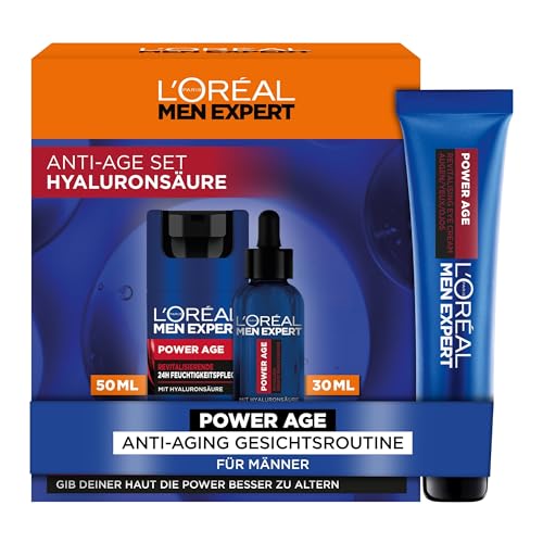 L'Oréal Men Expert Anti Aging Pflegeset gegen Falten für Männer, Geschenkset mit Gesichtscreme, Gesichtsserum & Augencreme, Set für Herren mit Hyaluronsäure, Power Age, 3-teilig