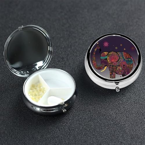 Colorful Tribal Floral Elephant Pill Box 3 Compartment Round Metal Pill Case for Purse & Pocket...