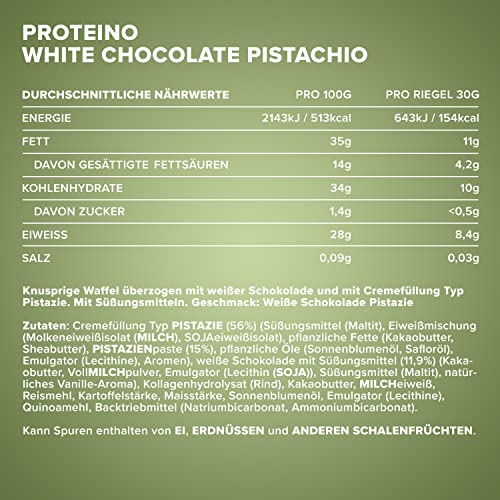 IronMaxx Proteino Proteinriegel 12x30g - White Chocolate Pistachio | High Protein Bar mit cremiger Füllung auf Waffelbasis | Zuckerreduziert glutenfrei palmölfrei Fitness Snack