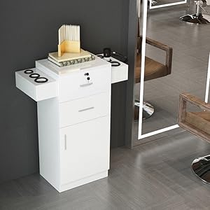 Salon Stations for Hair Stylist Barber Station with 2 Drawers,1 Door and 6 Hair,Styling Station Hair Tool Organizer Double Ear Cabinet Beauty Salon Spa Equipment for Barbershop,White