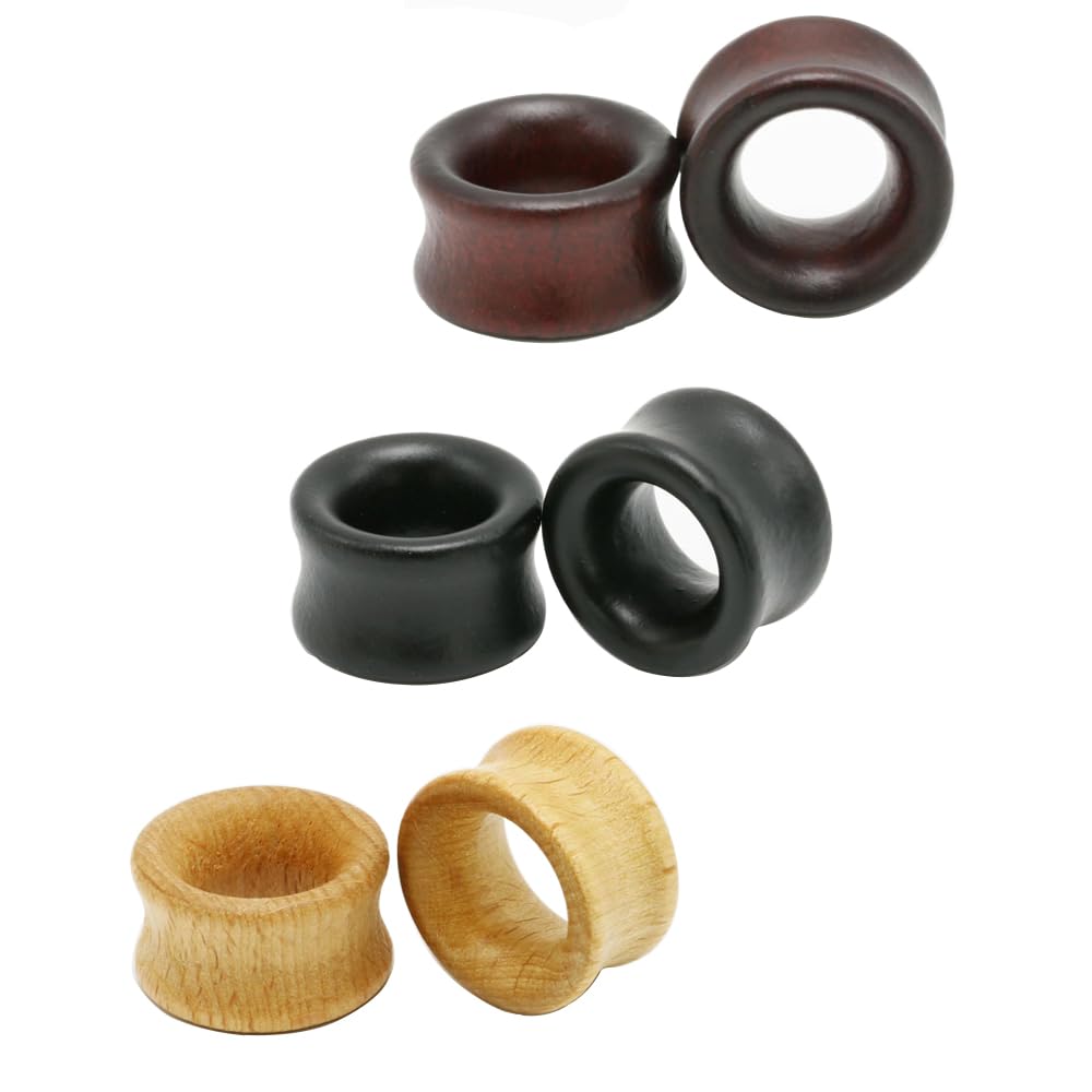3 pary brązowych czarnych drewnianych kolczyków do uszu, vintage, drewniany pierścień, zatyczki do uszu, tunele, 0 g (8 mm)