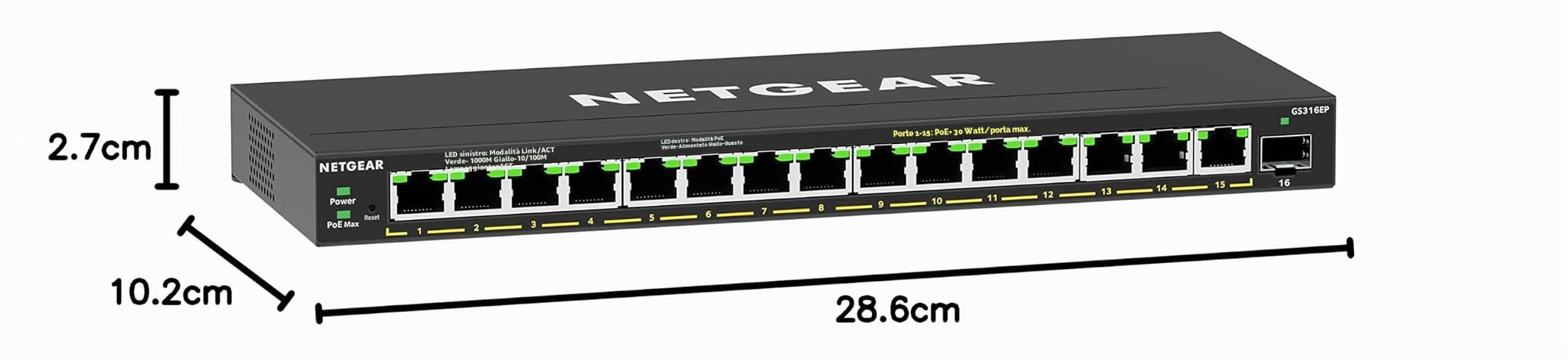 NETGEAR Switch Ethernet PoE 16 porte Unmanaged (GS316P), Switch PoE Gigabit con 16 PoE+ a 115 W, montaggio desktop o a parete