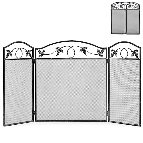 GiantexUK 3-Panel Folding Fire Guard, Metal Mesh Fireplace Screen, Heavy Duty Freestanding Spark Guard Safety Barrier for Child Baby Pet Open Fire (Leaf Pattern, 127 x 73cm)