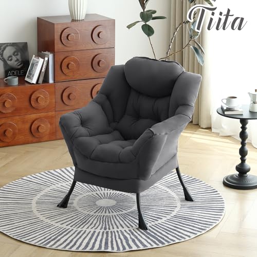 Image of Tiita Lazy Chair, Gray Modern Large Accent Armchair, Comfy Leisure Sofa Reading Chair for Bedroom, Living Room, Dorm Rooms, Garden and Courtyard, Dark Grey
