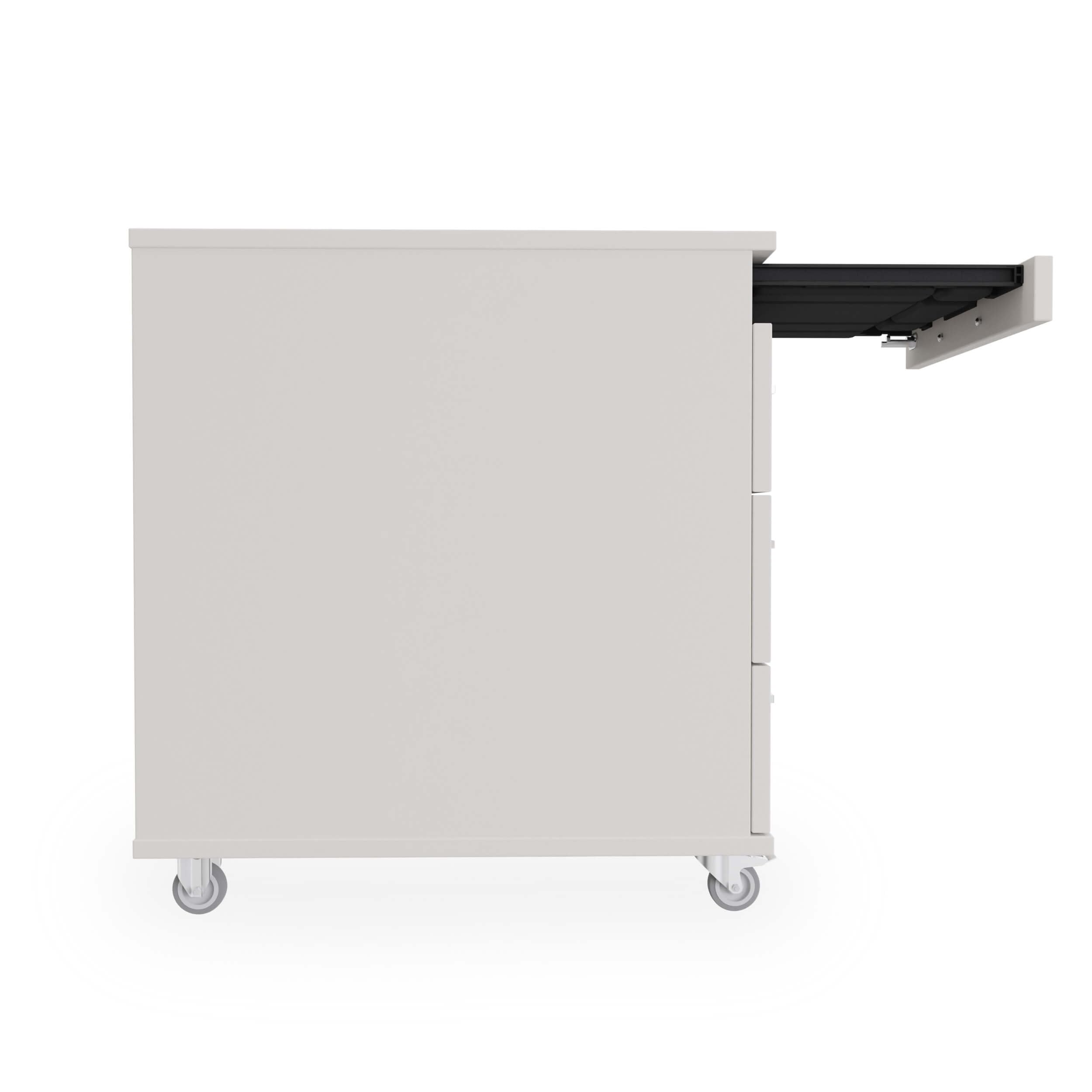 Eigentlich Rollcontainer mit 3 Schubladen und Materialauszug, Büroschrank rollbar B43 x T60 x H65 cm versch. Farben, Schreibtischunterschrank abschließbar, hauseigene Fertigung (Lichtgrau)