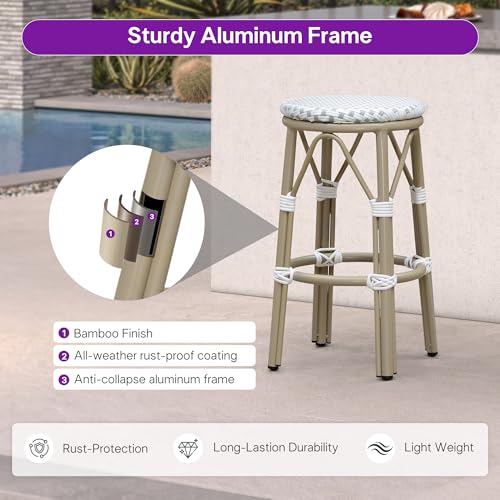 Image of PURPLE LEAF Patio Round Counter Height Stool Set of 2 Outdoor Backless Barstools Aluminum Frame in Champagne Finish with White & Gray Woven Rattan for Indoor Kitchen Dining Bistros Cafe Restaurant