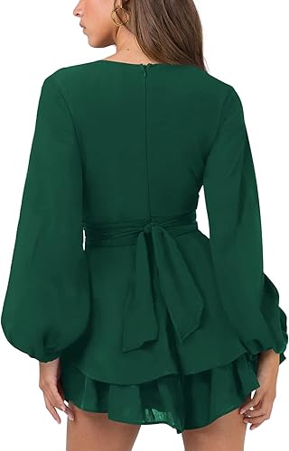 Miniatura 3 de Hocuos Vestido corto casual de manga larga con cuello en V para mujer, con lazo en la cintura, dobladillo con volantes, acampanado, casual, corto