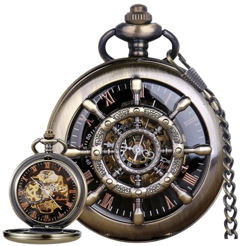 Alwesam Rudder Design Mechanical Pocket Watch Hand Wind Roman Numerals Men Steampunk with Chain Box