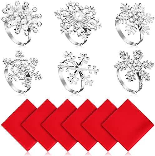 12 Pieces Christmas Napkin Rings Set, Include 6 Piece Napkin Rings Dinning Table Setting Decors with 6 Piece Solid Color Dinner Napkins for Casual or Formal Occasions (Snowflakes Style)