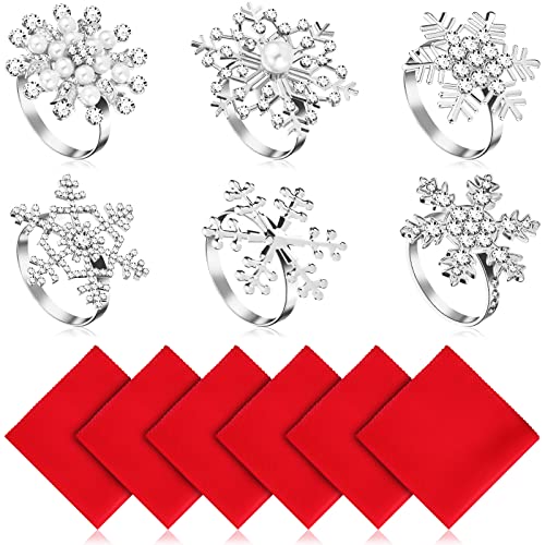 12 Pieces Christmas Napkin Rings Set, Include 6 Piece Napkin Rings Dinning Table Setting Decors With 6 Piece Solid Color Dinner Napkins For Casual Or Formal Occasions (Snowflakes Style) #TOP5