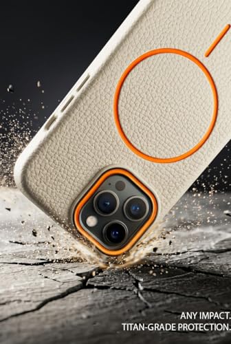 Image of amazon basics Luxury MagSafe Compatible Leather Texture Back Cover for iPhone 16 Pro | Raised Camera Protection | Slim Fit Shockproof Case with Metallic Accents (White)