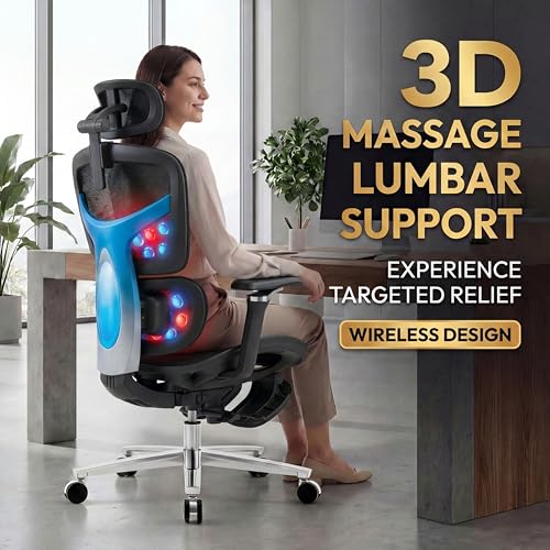Image of Ergonomic Office Chair with Footrest & Massage Lumbar Support - Adjustable Seat Depth & Back Height Reclining Big and Tall 400LBS Mesh Chair, 4D Headrest & 6D Armrests, for Home Office /Gaming (Black)
