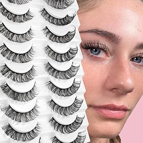 Glowingwin Cat Eye Lashes Natural Look Russian Strip Lashes D Curl Wispy Fluffy Russian Eyelashes Strip Lashes Hybrid Lashes 10 Pairs Pack Fake Eyelashes False Lashes Faux Mink Lashes 3D Effect Cover