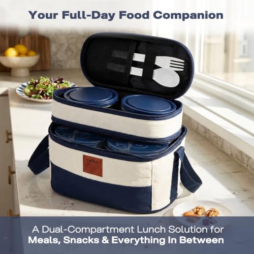 Image of CELLO All Day Meal Lunch Box with Bag for Office Use Blue White | 550ml,375ml,225ml Microwave Safe Containers, 500ml + 300mlx2 Steel Containers, 175ml Salad Box with Spoon & Fork Tiffin Set for Travel