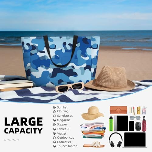 Large Beach Bags for Women Sandproof - Blue Sky Camo Print Summer Travel Work Tote Bags with Zipper4