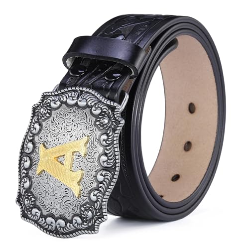 Western Belt Men Leather Belts For Men Women Cowboy Cowgirl Big Letters Buckle Gold Male Belts Long Black Brown
