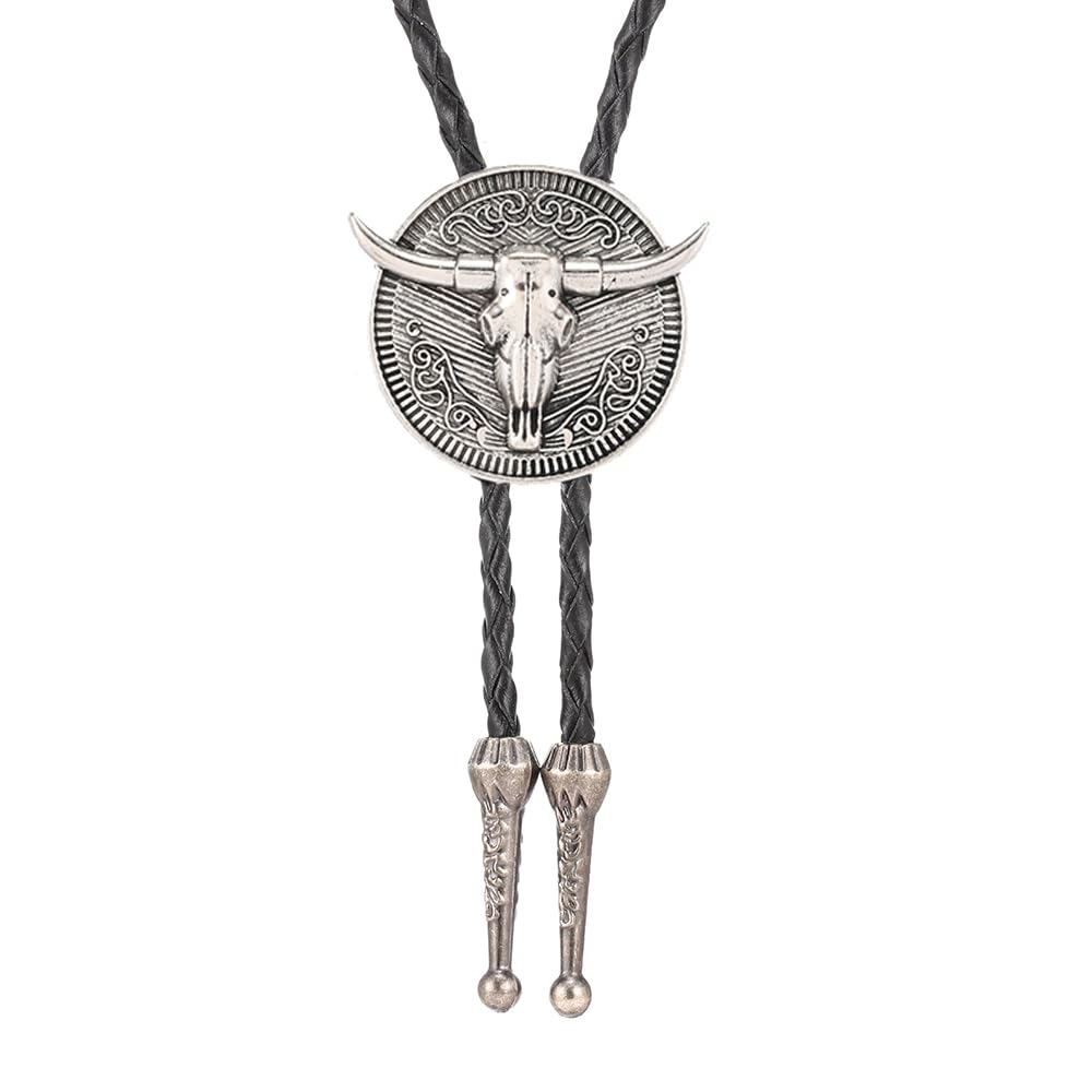 Joxevyia Bolo Tie for Men Vintage Cow Skull Leather Rope Western Cowboy Necktie Vintage Bola Tie Gift for Him