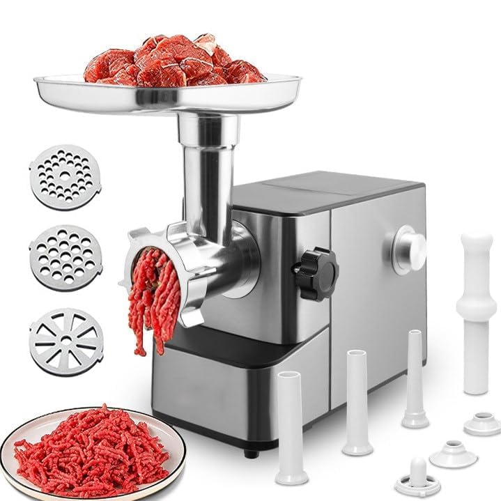 ZOLPINL Picadora de Carne eléctrica, 1200 W, Totalmente automática, para Picar y Rellenar Carne, Incluye Kit para Salchichas y kubbe, Interruptor Giratorio, con función de Marcha atrás, pa
