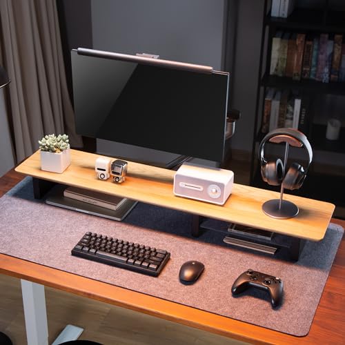 Image of White Oak Wood Desk Shelf for Top of Desk 44 Inch Length Wood Monitor Riser with Middle Shelf
