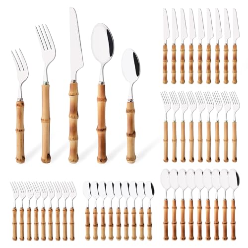 50PCS Silverware Set with Bamboo Handles