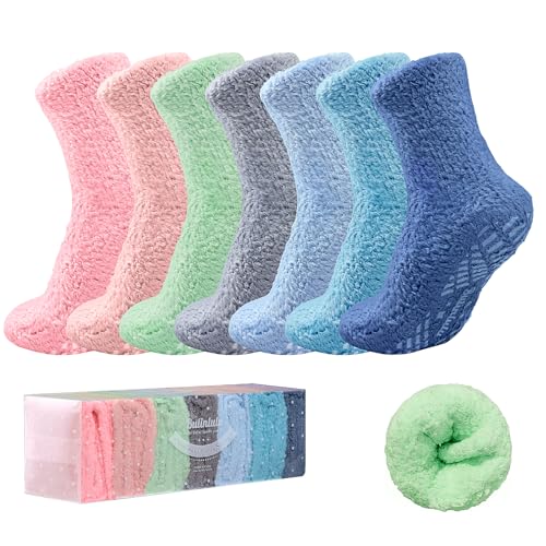 Image of Bulinlulu Fuzzy Socks with Grips Plush Sleep Cozy Winter Soft Hospital Fluffy Socks for Womens Mens Gifts