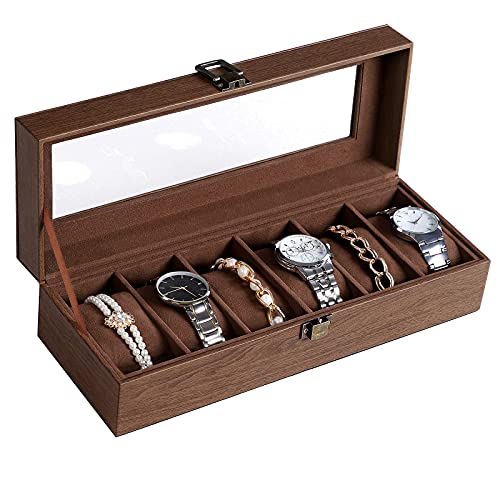 Image of SONGMICS Watch Box with 6 Slots, Watch Box, Glass Lid, Removable Pads, Metal Lock, Brown Coating and Brown Lining JWB006K01 | With Removable Cushions, 30 x 11 x 8 cm, Coffee Brown, BRIDIE Collection JWB006K01