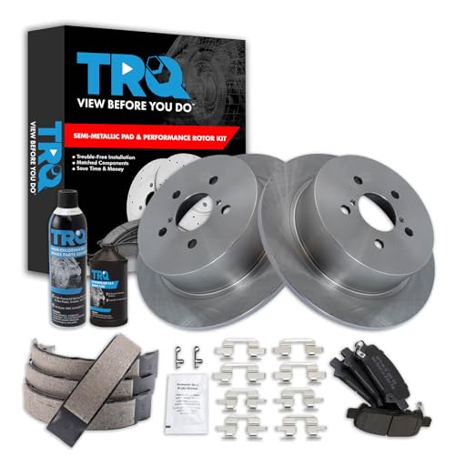 Image of TRQ Rear Brake Pad & Rotor Kit, with Chemical Kit Parking Brake Shoe Set Semi-Metallic Compatible with 2008-2009 Subaru Legacy