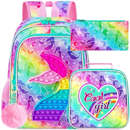 Image of CCJPX 3PCS Mermaid Backpack for Girls, 16 inchKids Water Resistant Elementary Preschool Kindergarten School Bookbag with Lunch Box - Pink