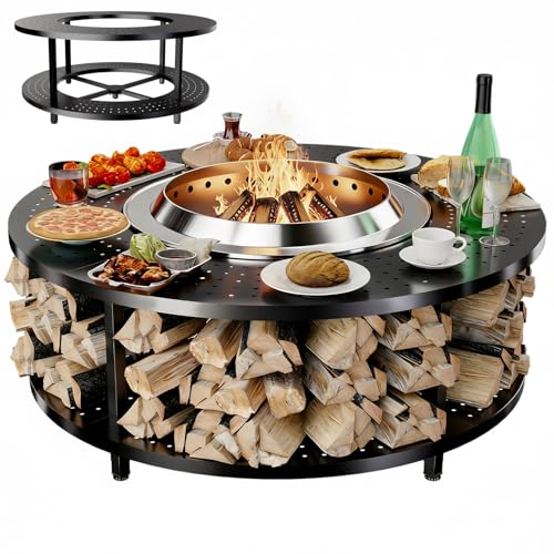 Fire Pit Surround Tabletop for Solo Stove Yukon 1.0 & 2.0, 48" Fire Pit Surround Tabletop with Wood Storage Shelf, Powder-Coated Steel Surround Tabletop with Extra Space with Raised Stand