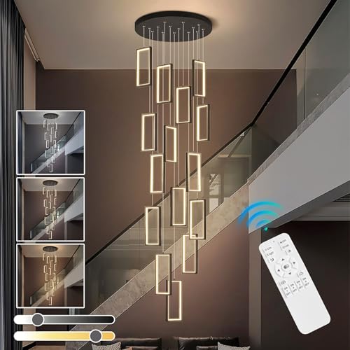 Lámpara de Techo LED Moderna Regulable para techos Altos, 12/15/18 Luces, Ajustable, 300 cm, con Mando a Distancia - Elegante luminaria para escaleras y vestíbulos (Negro, 215 W)