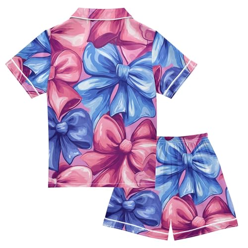 Satin Pajama Sets Short Sleeve Large Colorful Bow Pattern Button Down Silky Nightwear 2 Piece PJS 5-14Y2