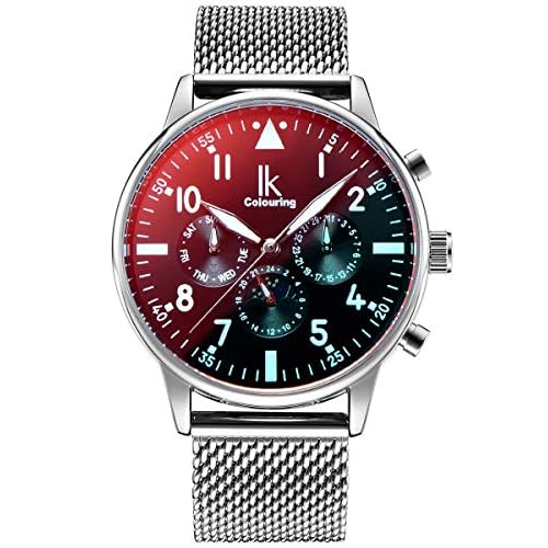 Alienwork Automatikuhr Armbanduhr Herren Silber Metall Mesh Armband Edelstahl Kalender schwarz