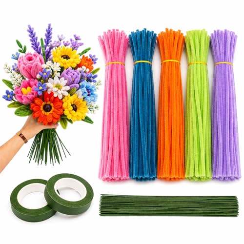 Image of Pipe Cleaners for Craft Flower Making Set, Fuzzy Chenille Stems and Fluffy Sticks with Floral Tape and Wire, for Kids Arts and Crafts(pipe cleaners-100 /stem wire-30 /green tape-3)