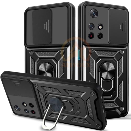 Image of Armor Bumper Back Cover Case for Redmi Note 11T 5G / Poco M4 Pro 5G Rotating Camera Cover, Ring Holder & Kickstand | Heavy Duty & 360 Degree Protection Back Cover (Black)