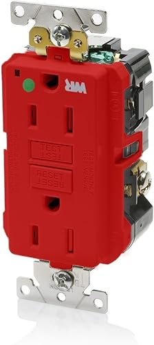 Miniatura 1 de Leviton GFWT1-HGR 15A-125V Receptáculo GFCI de autoprueba dúplex extraresistente de grado hospitalarioresistente a la intemperie, rojo, 15 amperios