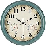 zyzamay 13 Inch Outdoor Clock with Thermometer and Hygrometer, Waterproof and Silent, Large Easy-to-Read Numbers, Ideal for Bedroom,Office,Living Room,Porch,Garden,Pool(Green)
