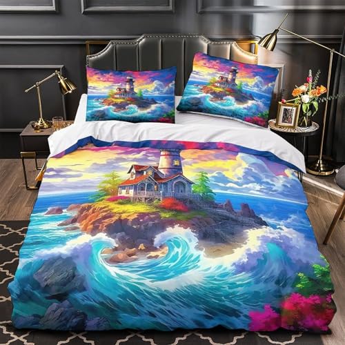 Housse de couette 3D phare 200x200cm avec fermeture éclair cachée durable